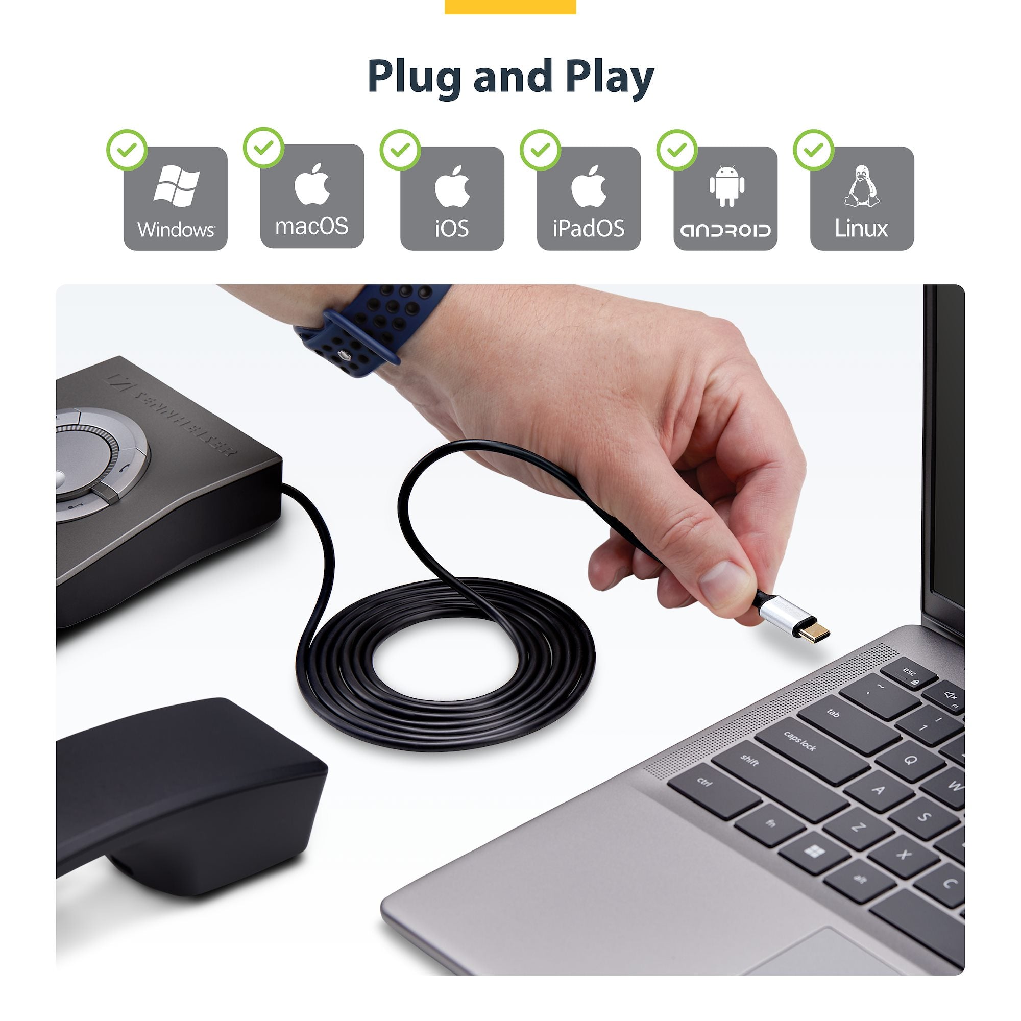 USB-C to RJ9 Adapter for Office Phone Handset or Wired/Wireless Headset, Use Existing Landline Hardware, 6ft/1.8m, For Laptop/Desktop Computer/Mobile 