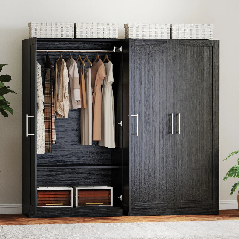 Wardrobe Cabinet with 2 Doors and Hanging Rod, Modern Armoire Wardrobe Closet for Bedroom, Black Wood Effect