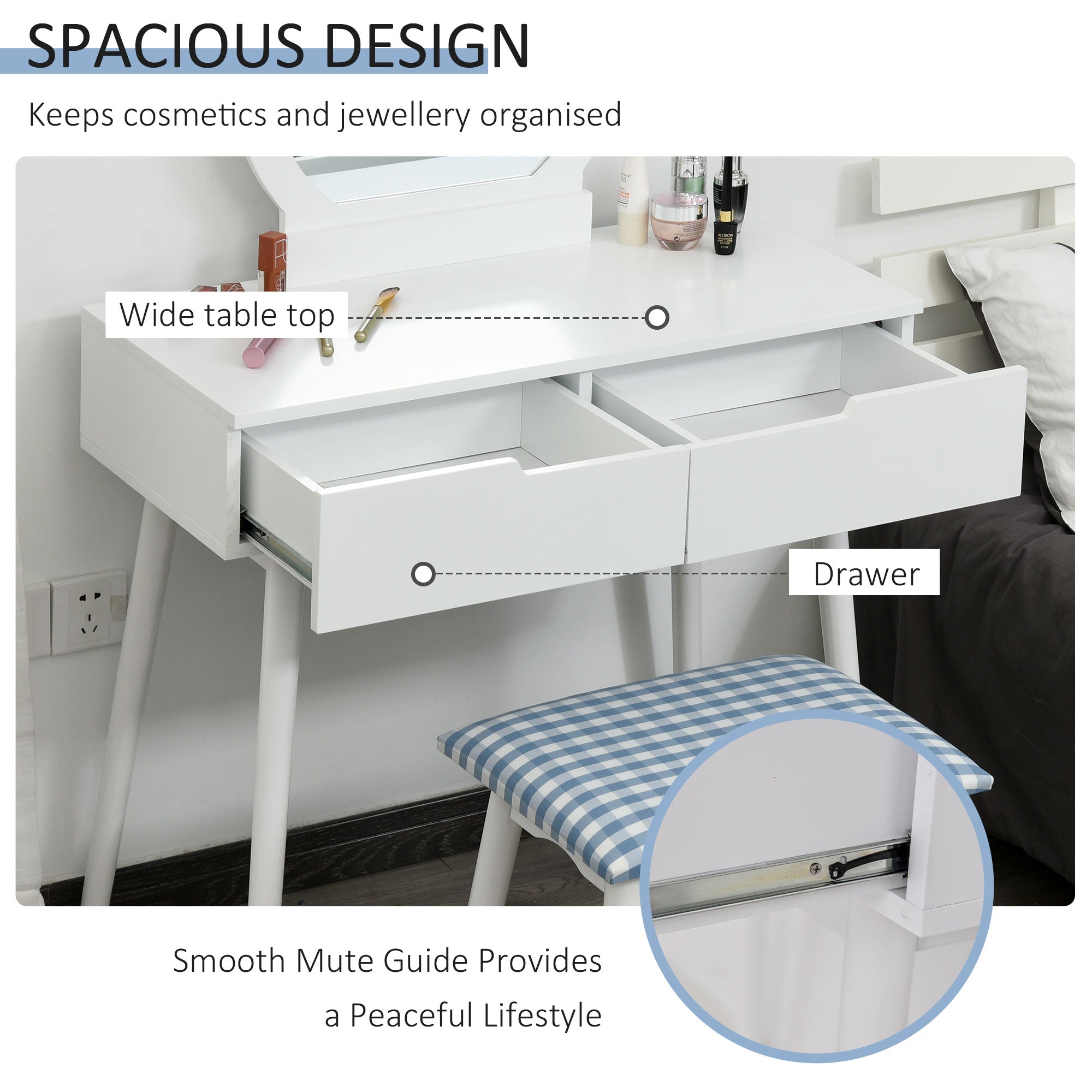 HOMCOM Chic White Vanity Set with Round Mirror Cushioned Stool Makeup Table 2 Large Drawers Sliding Rails 