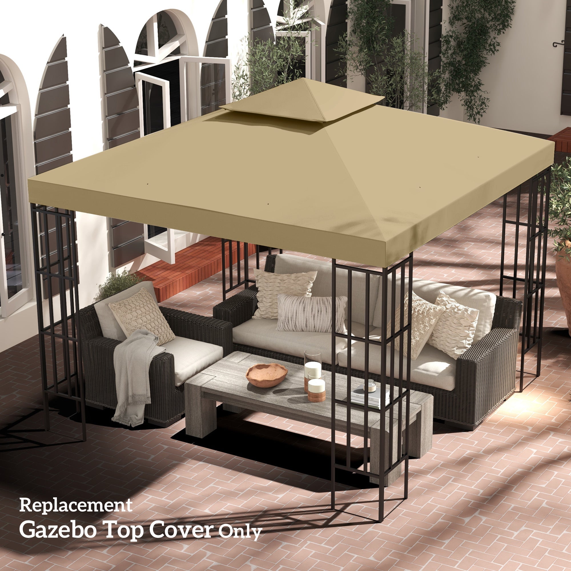 Outsunny Beige 9.8' Square 2-Tier Gazebo Replacement Canopy - Elegant Outdoor Garden Sun Shelter Top Cover 