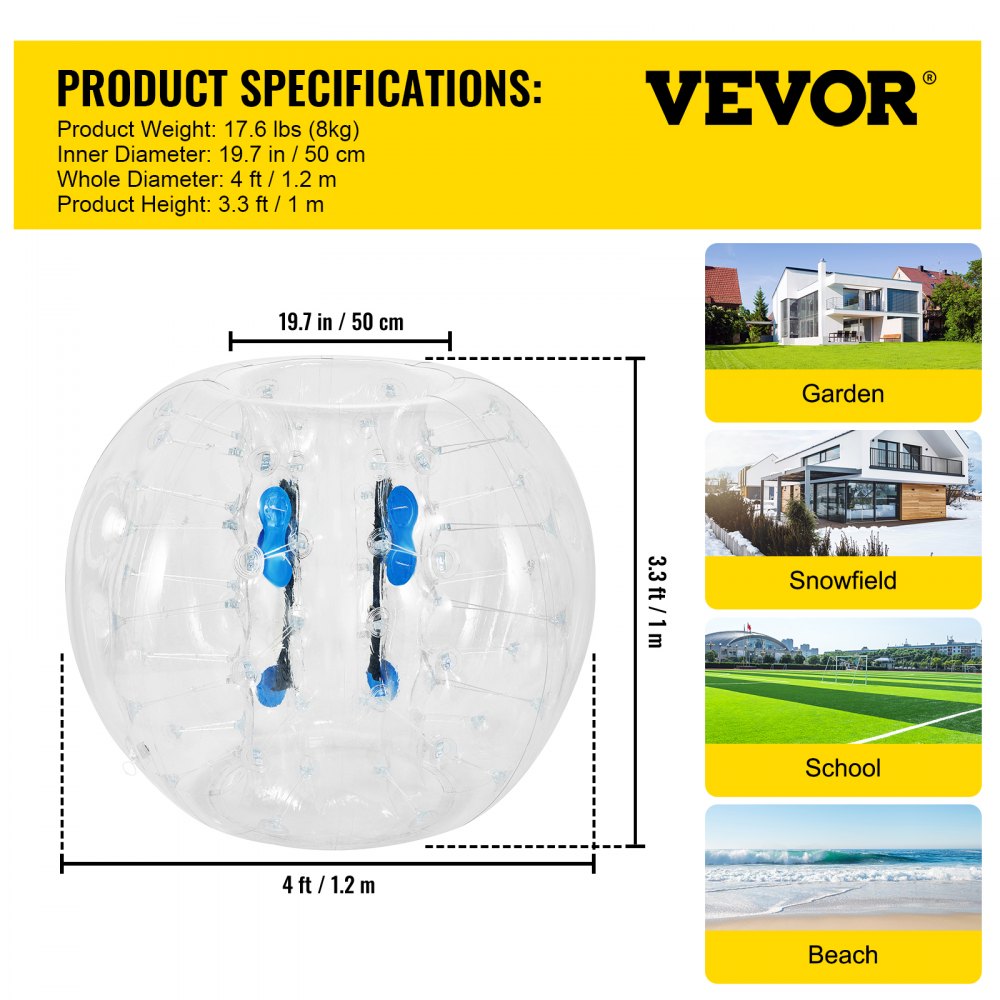 VEVOR Inflatable Bumper Ball 4 FT / 1.2M Diameter, Bubble Soccer Ball, Blow It Up in 5 Min, Inflatable Zorb Ball for Adults or Children (4 FT, Transparent) 
