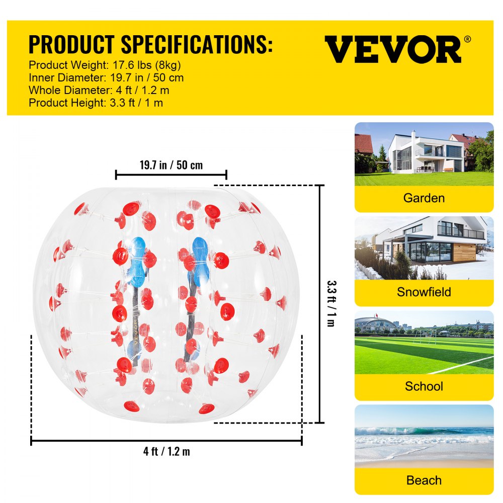 VEVOR Inflatable Bumper Ball 4 FT / 1.2M Diameter, Bubble Soccer Ball, Blow It Up in 5 Min, Inflatable Zorb Ball for Adults or Children (4 FT, Red Dot) 