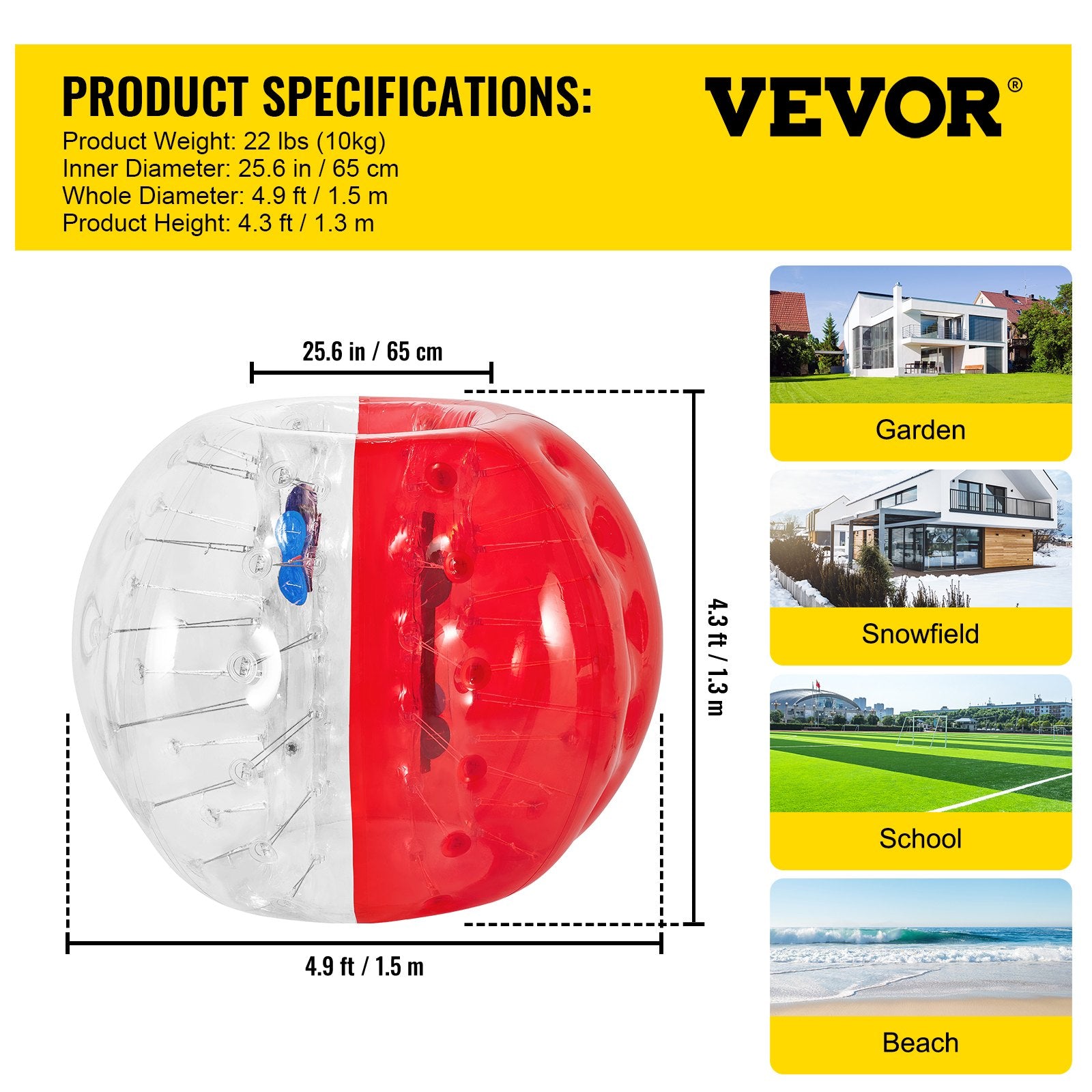 VEVOR Inflatable Bumper Ball 5 FT / 1.5M Diameter, Bubble Soccer Ball, Blow It Up in 5 Min, Inflatable Zorb Ball for Adults or Children (5 FT, Red) 