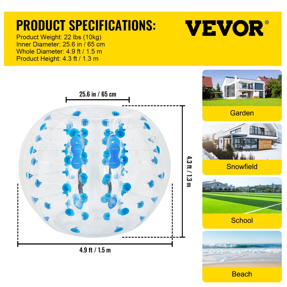 VEVOR Inflatable Bumper Ball 5 FT / 1.5M Diameter, Bubble Soccer Ball, Blow It Up in 5 Min, Inflatable Zorb Ball for Adults or Children (5 FT, Blue Dot) 