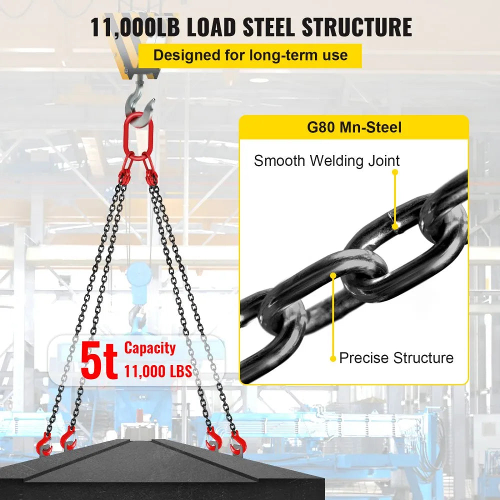 5/16" x 5 ft G80 Chain Sling – 11,000 lb Capacity 4-Leg Lifting Chain with Grab Hooks