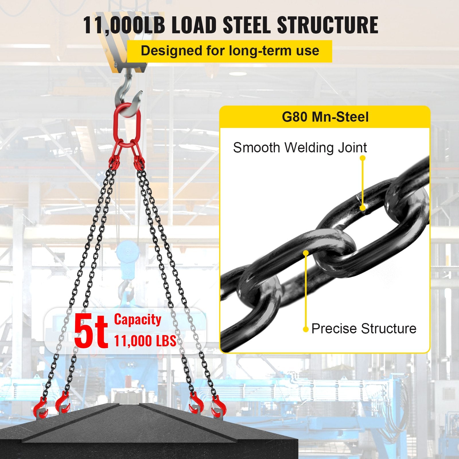 VEVOR Chain Sling 9/32" X 4.5" Engine Lift Chain G80 Alloy Steel Engine Chain Hoist Lifts 3 Ton with 4 Leg Grab Hooks and Adjuster 
