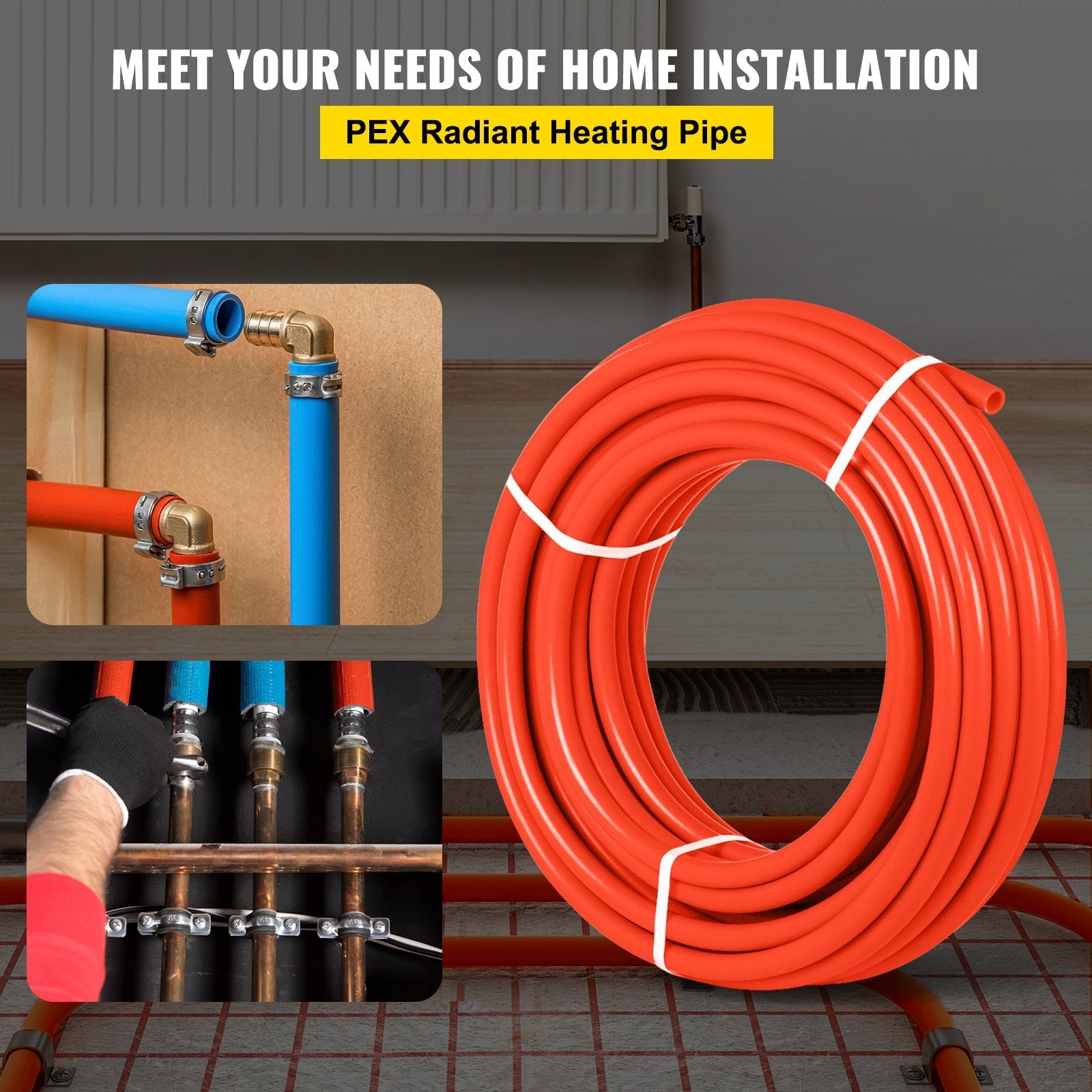 VEVOR 1000Ft PEX Tubing Pipe 1/2" PEX Tubing Oxygen Barrier Radiant Floor PEX Pipe Radiant Heat Floor Heating Plumbing Cold and Hot Water Tubing 