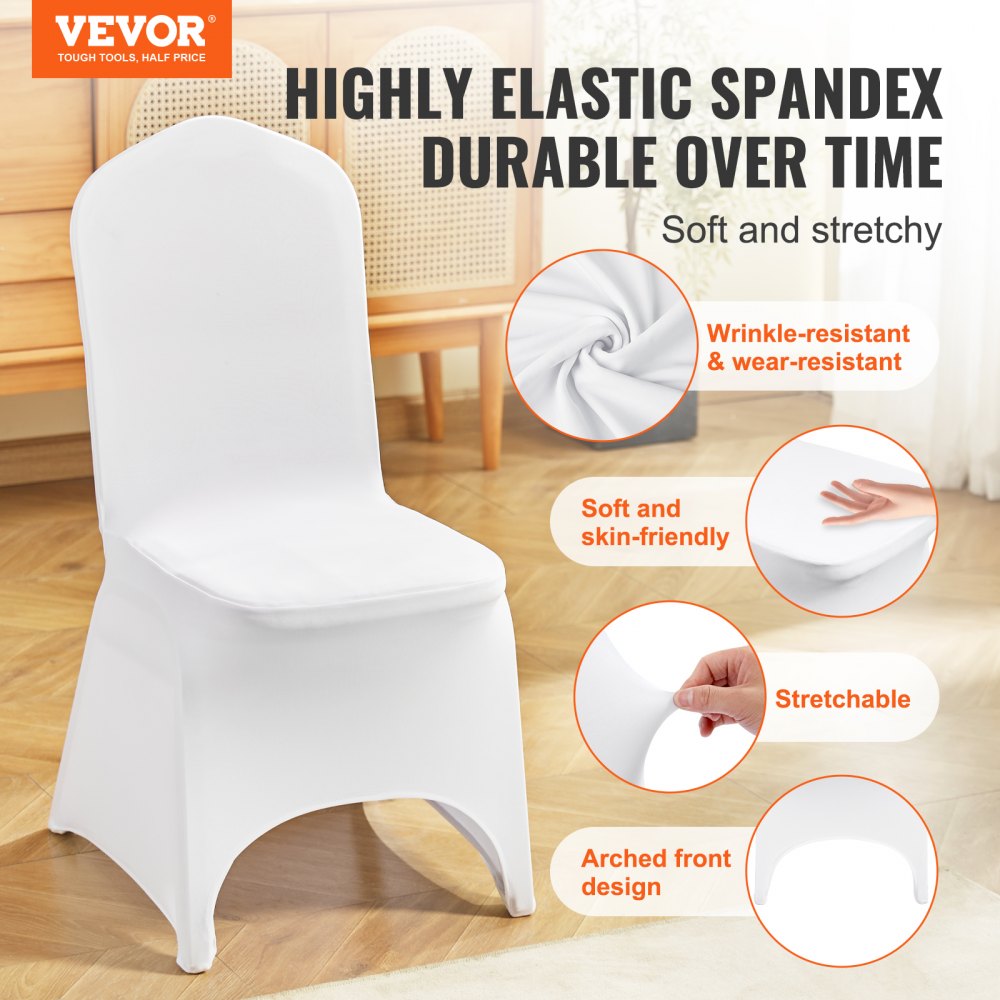 VEVOR Stretch Spandex Folding Chair Covers, Universal Fitted Arched Front Cover, Removable Washable Protective Slipcovers, for Wedding, Holiday, Banquet, Party, Celebration, Dining (100PCS White) 