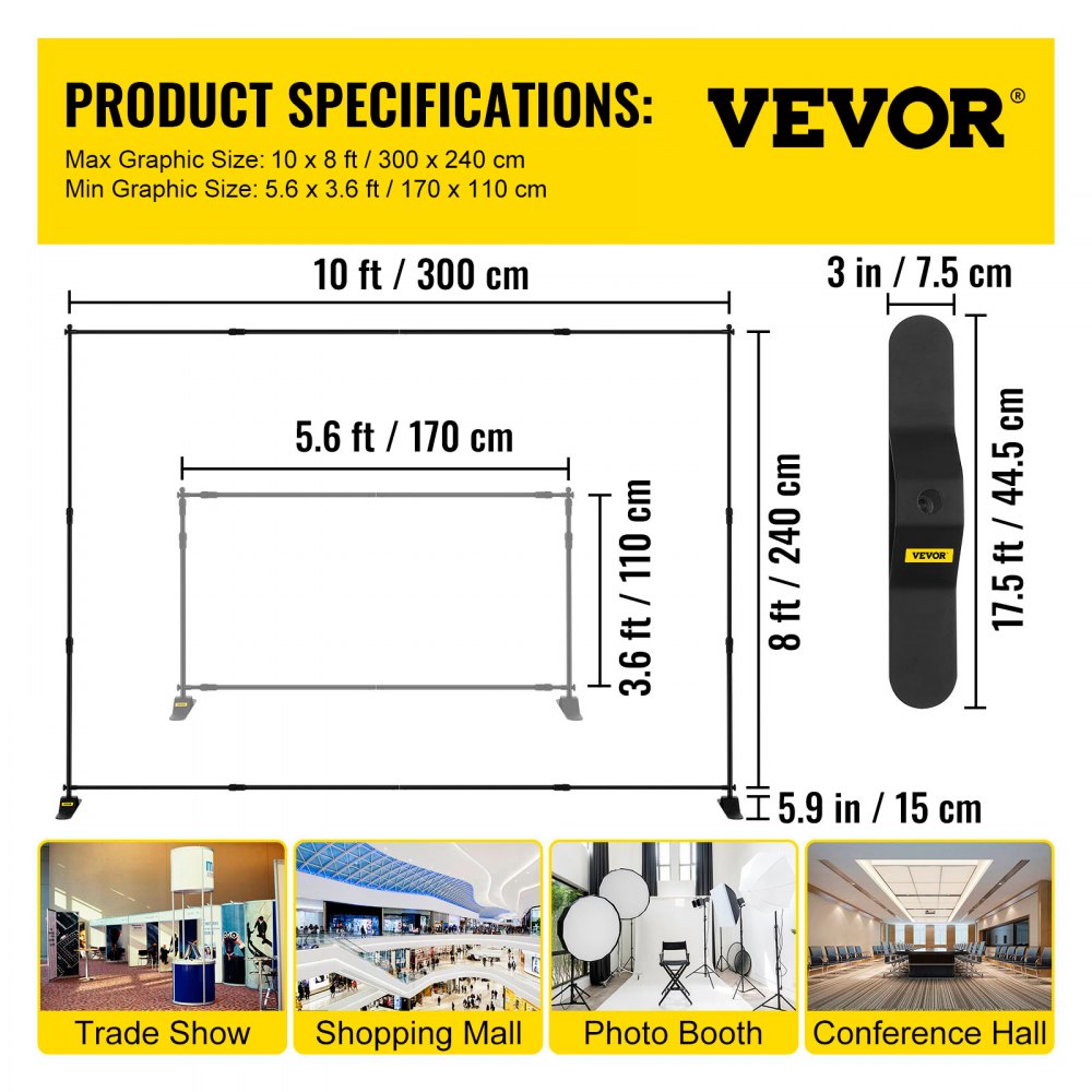 VEVOR 10 x 8 Ft Backdrop Banner Stand Adjustable Height and Width Newest Step and Repeat for Trade Show Wall Exhibitor Photo Booth Background 
