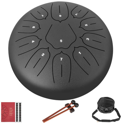 VEVOR Steel Tongue Drum 11 Notes 10 Inches Dia Tongue Drum Black Handpan Drum Notes Percussion Instrument Steel Drums Instruments with Bag, Book, Mallets, Mallet Bracket 