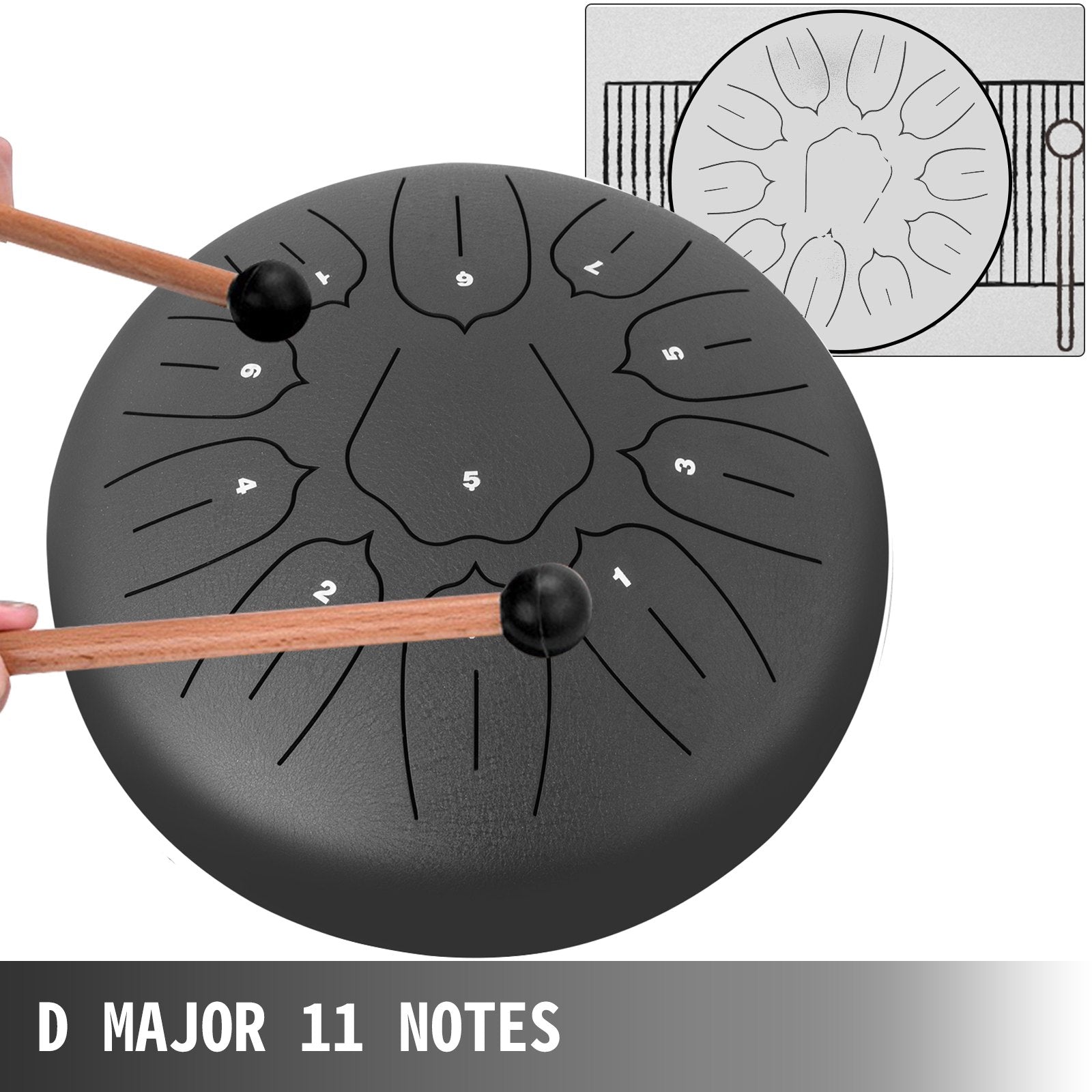 VEVOR Steel Tongue Drum 11 Notes 10 Inches Dia Tongue Drum Black Handpan Drum Notes Percussion Instrument Steel Drums Instruments with Bag, Book, Mallets, Mallet Bracket 