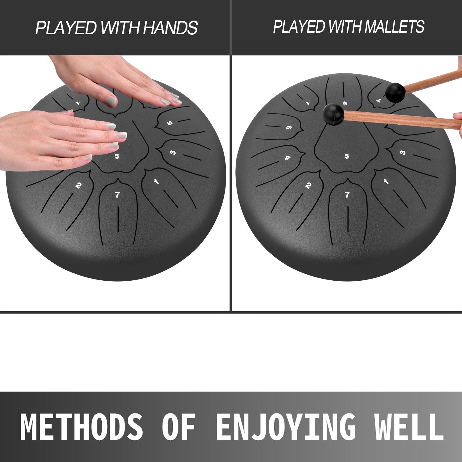 VEVOR Steel Tongue Drum 11 Notes 10 Inches Dia Tongue Drum Black Handpan Drum Notes Percussion Instrument Steel Drums Instruments with Bag, Book, Mallets, Mallet Bracket 