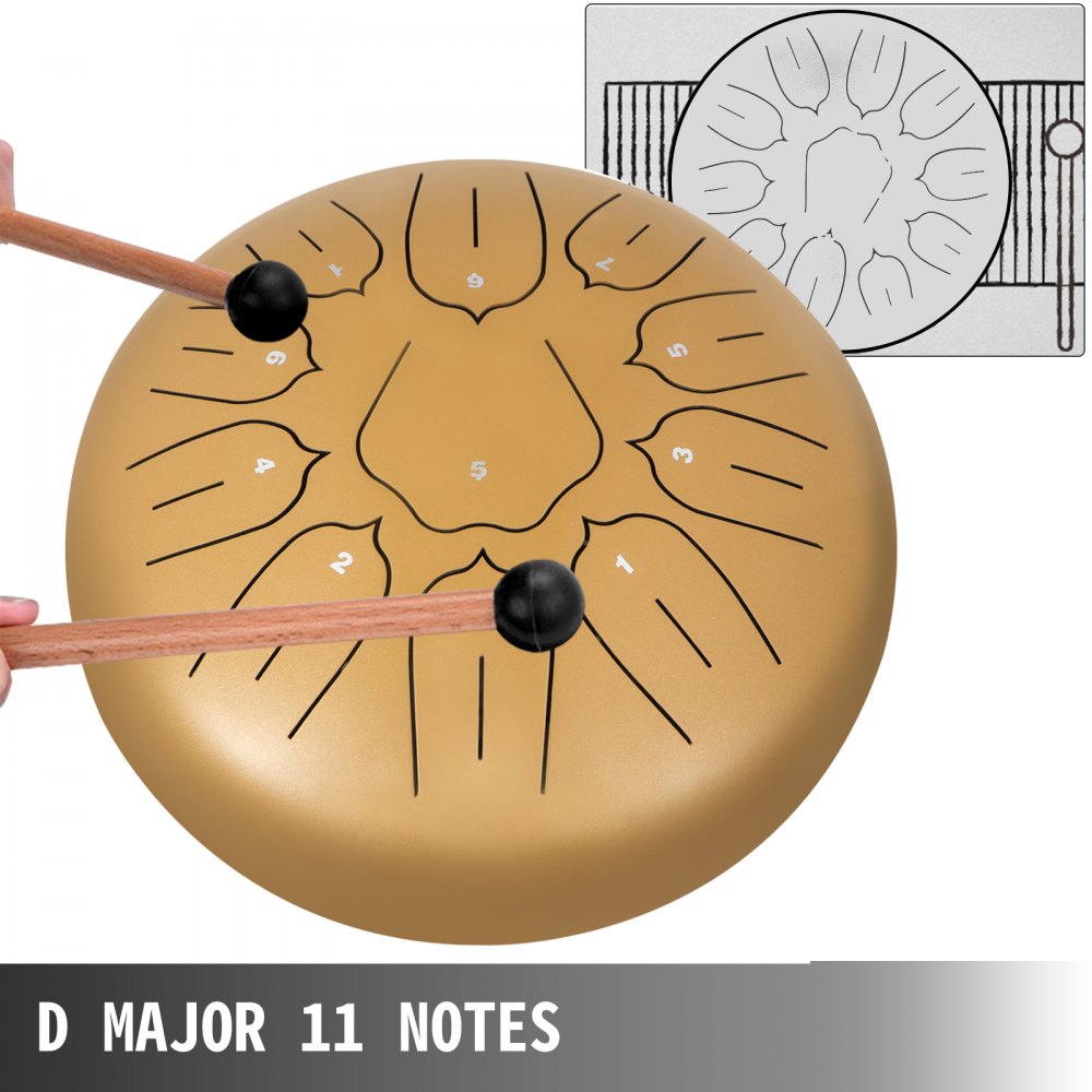 VEVOR Steel Tongue Drum 11 Notes 10 Inches Dia Lotus type Tongue Drum Golden Handpan Drum Notes Percussion Instrument Steel Drums Instruments with Bag, Music Book, Mallets, Mallet Bracket 
