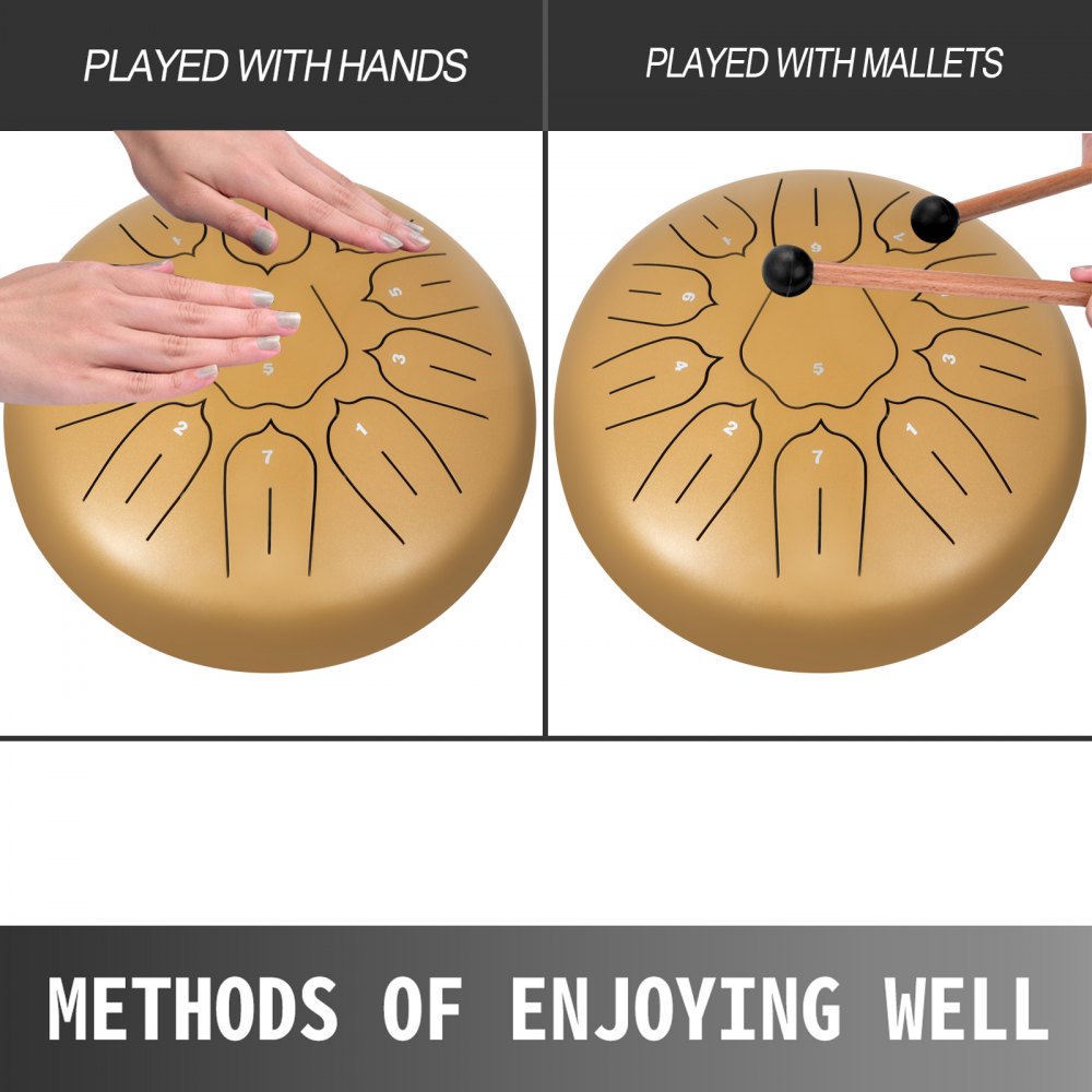VEVOR Steel Tongue Drum 11 Notes 10 Inches Dia Lotus type Tongue Drum Golden Handpan Drum Notes Percussion Instrument Steel Drums Instruments with Bag, Music Book, Mallets, Mallet Bracket 