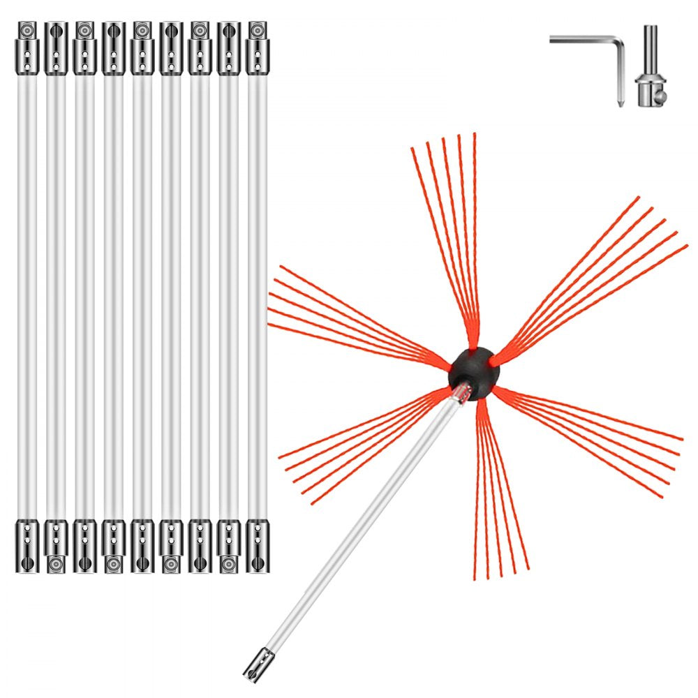 VEVOR Chimney Sweep Kit 33FT, Chimney Cleaning Tool Kits with 10 Nylon Flexible Rods, Chimney Brush 394 Inch for Sweeping Fireplace 
