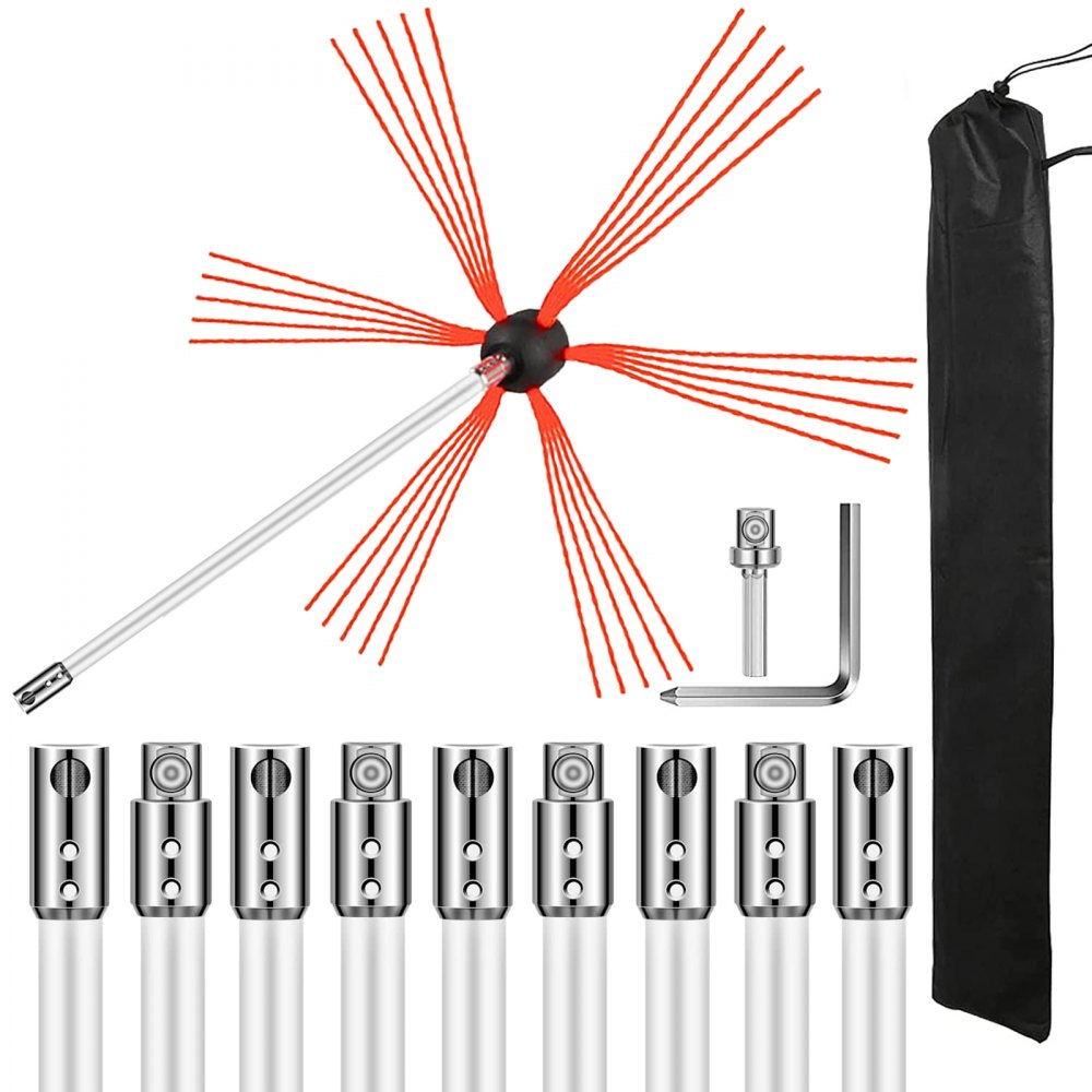 VEVOR Chimney Sweep Kit 33FT, Chimney Cleaning Tool Kits with 10 Nylon Flexible Rods, Chimney Brush 394 Inch for Sweeping Fireplace 
