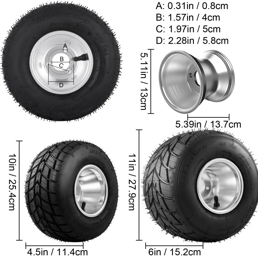 VEVOR Go Kart Tires and Rims 4pcs, Go Cart Wheels and Tires 10"x 4.50" Front, 11"x 6.0" Rear HUB- Rim fit Bolt pattern 58mm with 3hole 