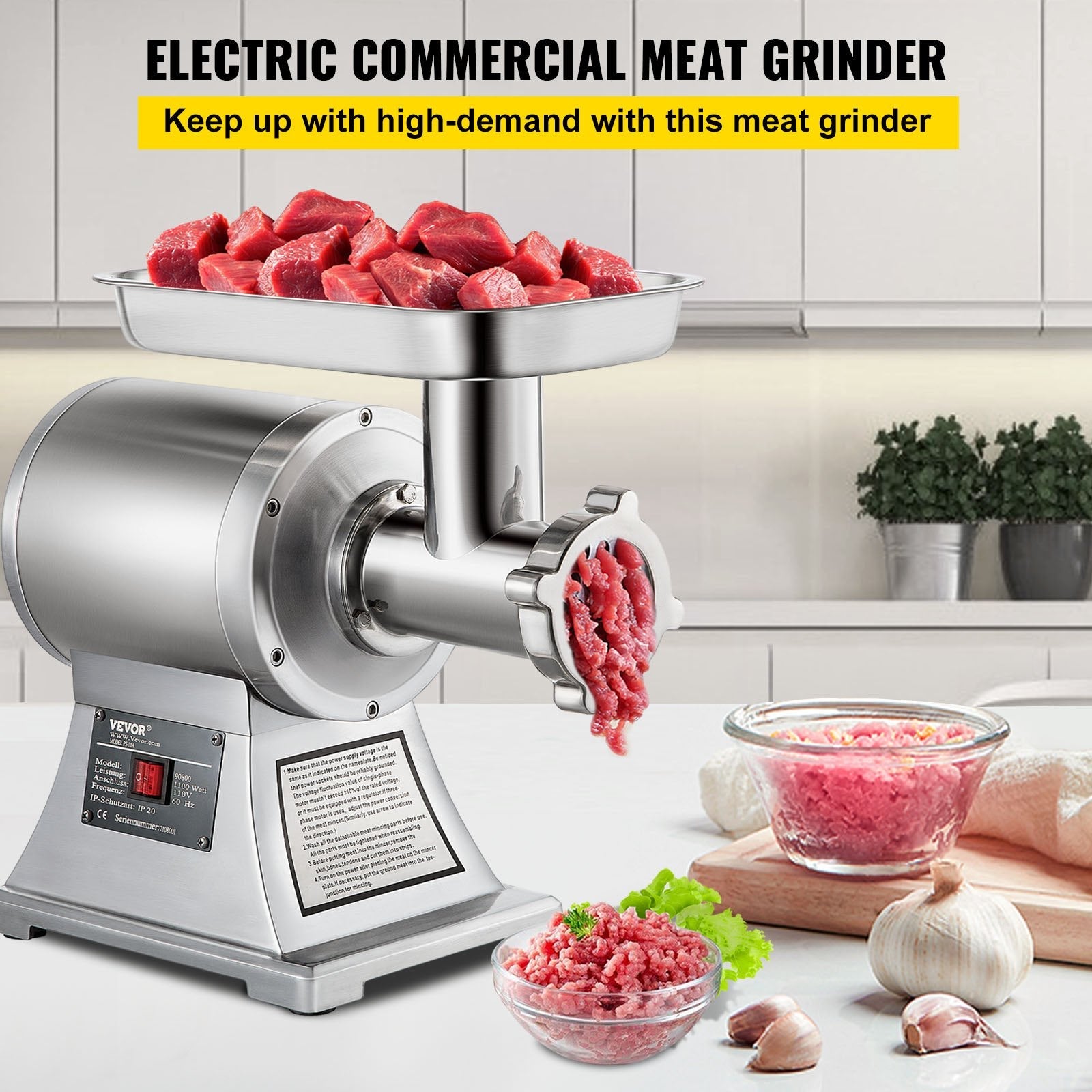 VEVOR 1.5HP 1100W Meat Grinder Stainless Steel 220 RPM Electric Meat Grinder Commercial Grinder for Industrial and Home Use 