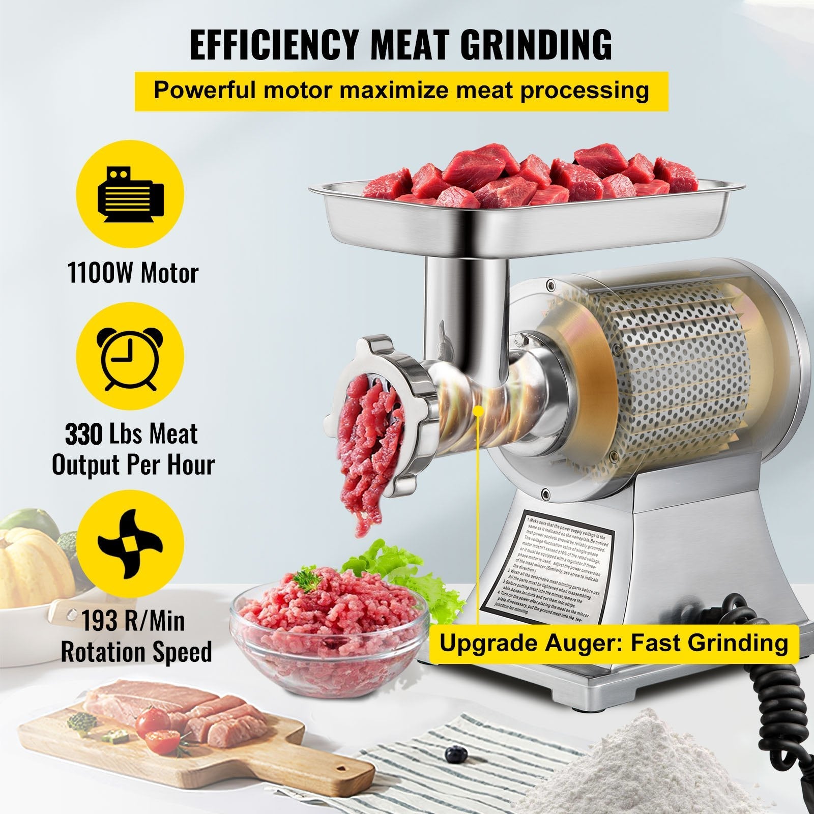 VEVOR 1.5HP 1100W Meat Grinder Stainless Steel 220 RPM Electric Meat Grinder Commercial Grinder for Industrial and Home Use 