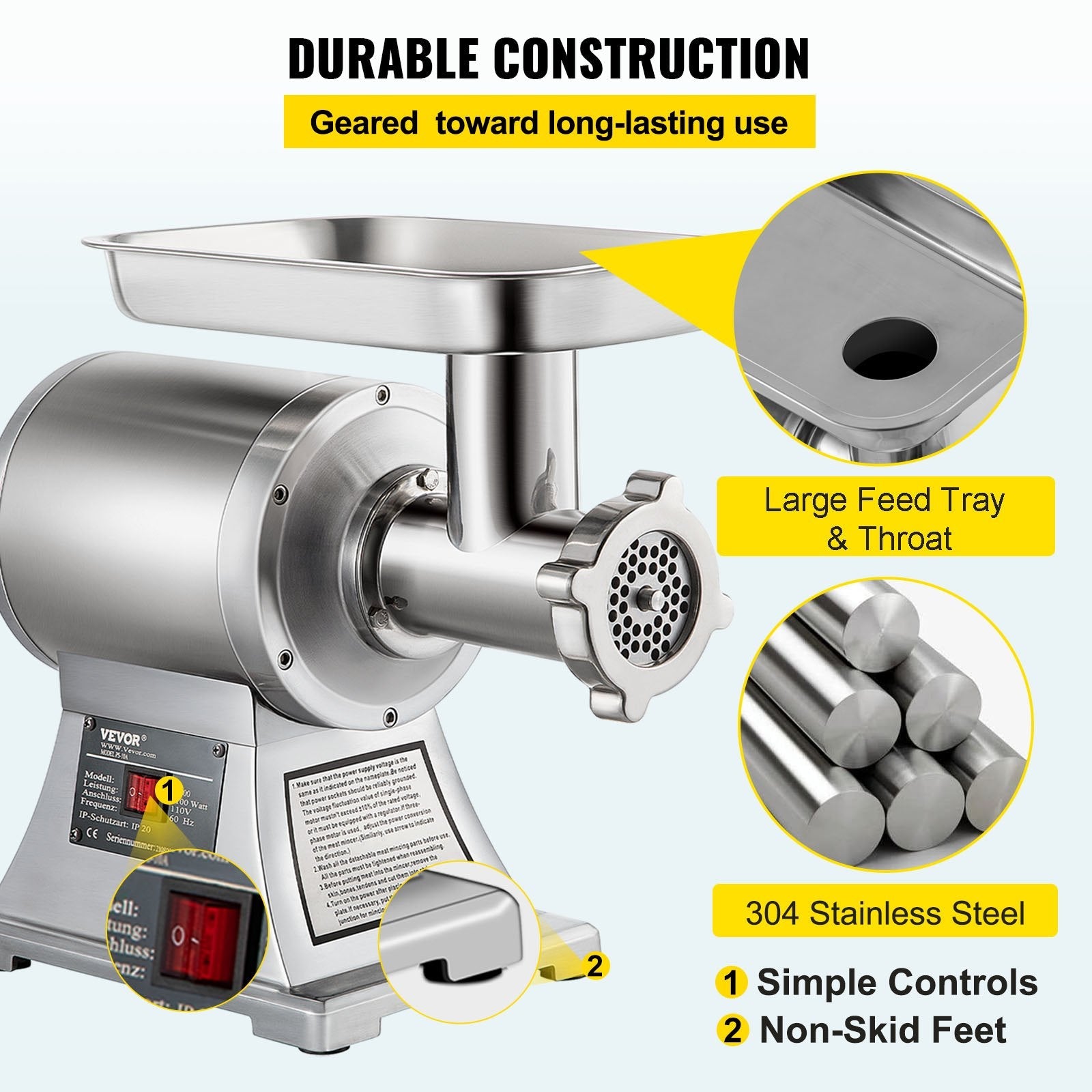 VEVOR 1.5HP 1100W Meat Grinder Stainless Steel 220 RPM Electric Meat Grinder Commercial Grinder for Industrial and Home Use 