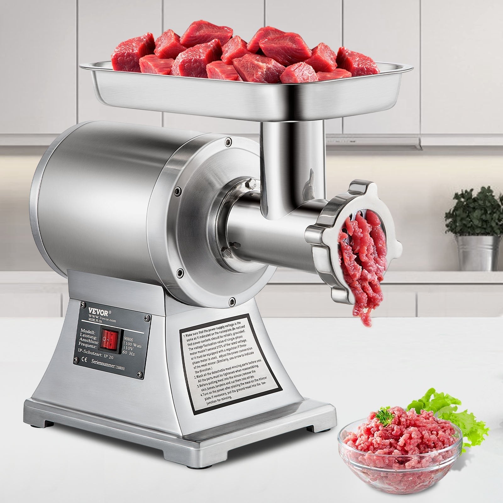 VEVOR 1.5HP 1100W Meat Grinder Stainless Steel 220 RPM Electric Meat Grinder Commercial Grinder for Industrial and Home Use 