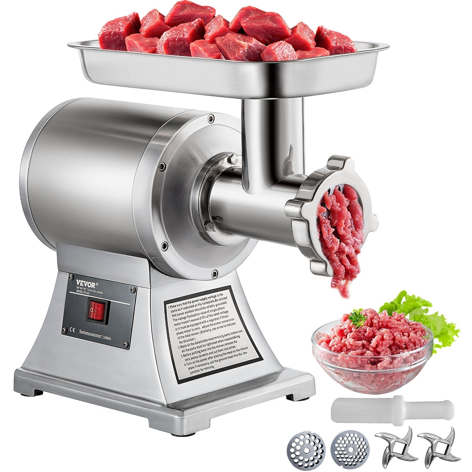 VEVOR 1.5HP 1100W Meat Grinder Stainless Steel 220 RPM Electric Meat Grinder Commercial Grinder for Industrial and Home Use 