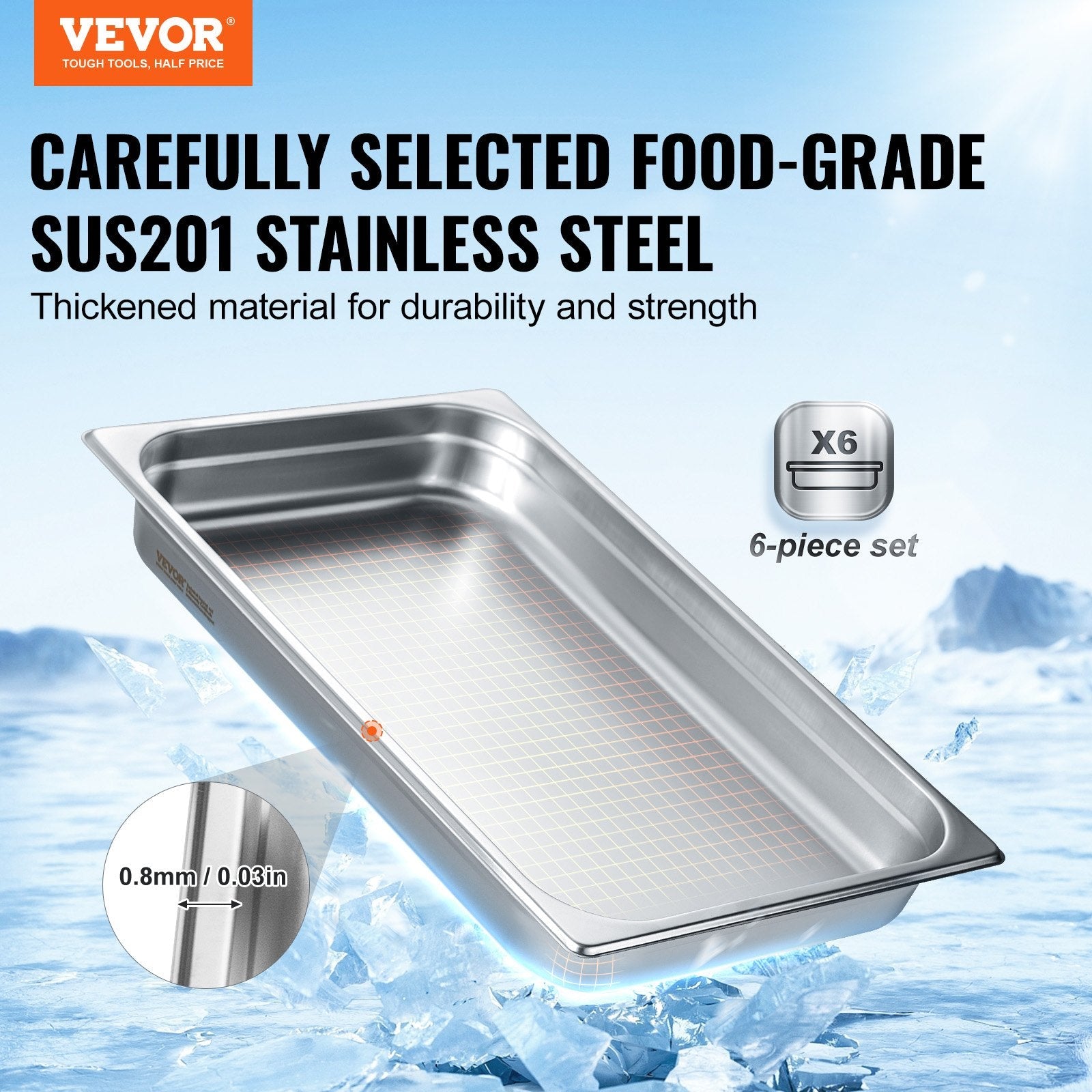 VEVOR 6 Pack Hotel Pans, Full Size Anti-Jam Steam Pan, 0.8mm Thick Stainless Steel Restaurant Steam Table Pan, 2.5-Inch Deep Commercial Table Pan, Catering Storage Food Pan, for Industrial & Scientifi 