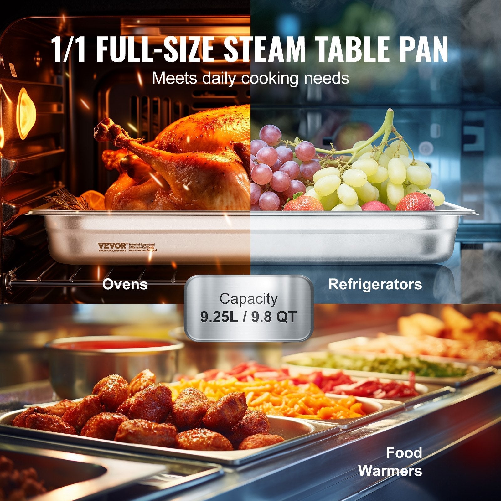 VEVOR 6 Pack Hotel Pans, Full Size Anti-Jam Steam Pan, 0.8mm Thick Stainless Steel Restaurant Steam Table Pan, 2.5-Inch Deep Commercial Table Pan, Catering Storage Food Pan, for Industrial & Scientifi 