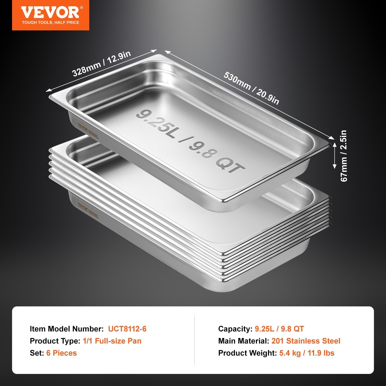VEVOR 6 Pack Hotel Pans, Full Size Anti-Jam Steam Pan, 0.8mm Thick Stainless Steel Restaurant Steam Table Pan, 2.5-Inch Deep Commercial Table Pan, Catering Storage Food Pan, for Industrial & Scientifi 