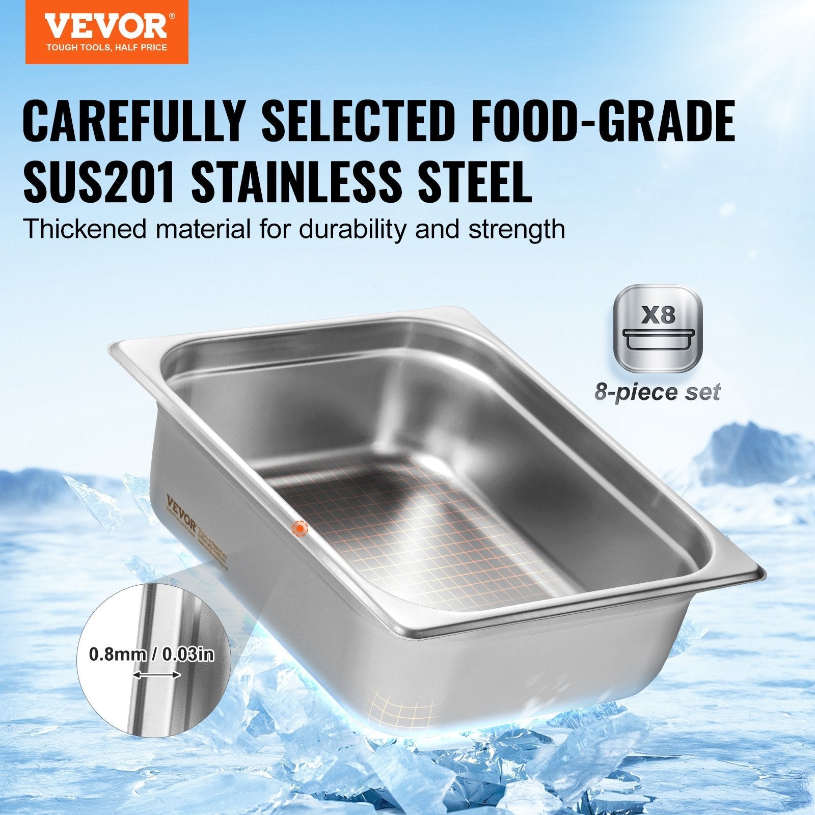 VEVOR 8 Pack Hotel Pans, 1/2 Size Anti-Jam Steam Pan with Lid, 0.8mm Thick Stainless Steel Steam Table Pan, 4-Inch Deep Commercial Table Pan, Catering Storage Food Pan, for Industrial & Scientific 