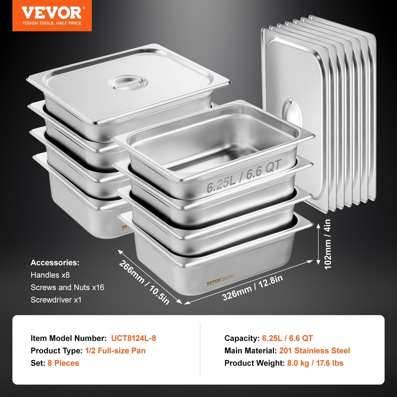 VEVOR 8 Pack Hotel Pans, 1/2 Size Anti-Jam Steam Pan with Lid, 0.8mm Thick Stainless Steel Steam Table Pan, 4-Inch Deep Commercial Table Pan, Catering Storage Food Pan, for Industrial & Scientific 