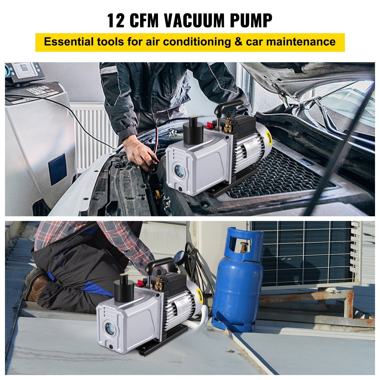 VEVOR Vacuum Pump 12CFM 1 HP Single Stage Air Conditioning Vacuum Pump 110V 5PA Ultimate Vacuum Refrigerant HVAC Air Tool Rotary Vane Vacuum Pump for Automobile Vacuum Evacuation (1-Stage, 12CFM) 