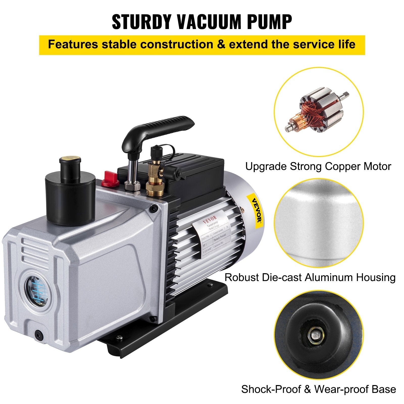 VEVOR Vacuum Pump 12CFM 1 HP Single Stage Air Conditioning Vacuum Pump 110V 5PA Ultimate Vacuum Refrigerant HVAC Air Tool Rotary Vane Vacuum Pump for Automobile Vacuum Evacuation (1-Stage, 12CFM) 
