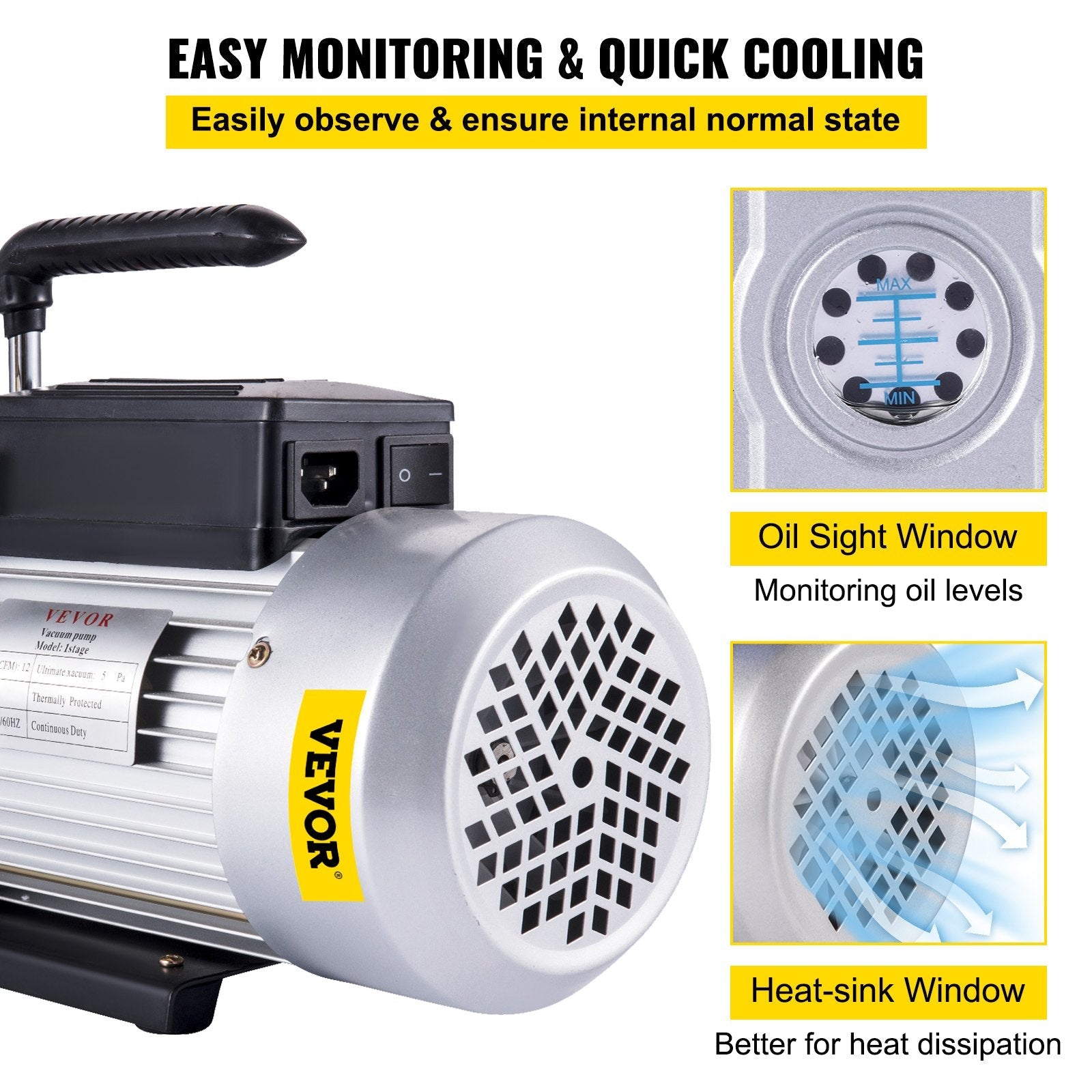 VEVOR Vacuum Pump 12CFM 1 HP Single Stage Air Conditioning Vacuum Pump 110V 5PA Ultimate Vacuum Refrigerant HVAC Air Tool Rotary Vane Vacuum Pump for Automobile Vacuum Evacuation (1-Stage, 12CFM) 