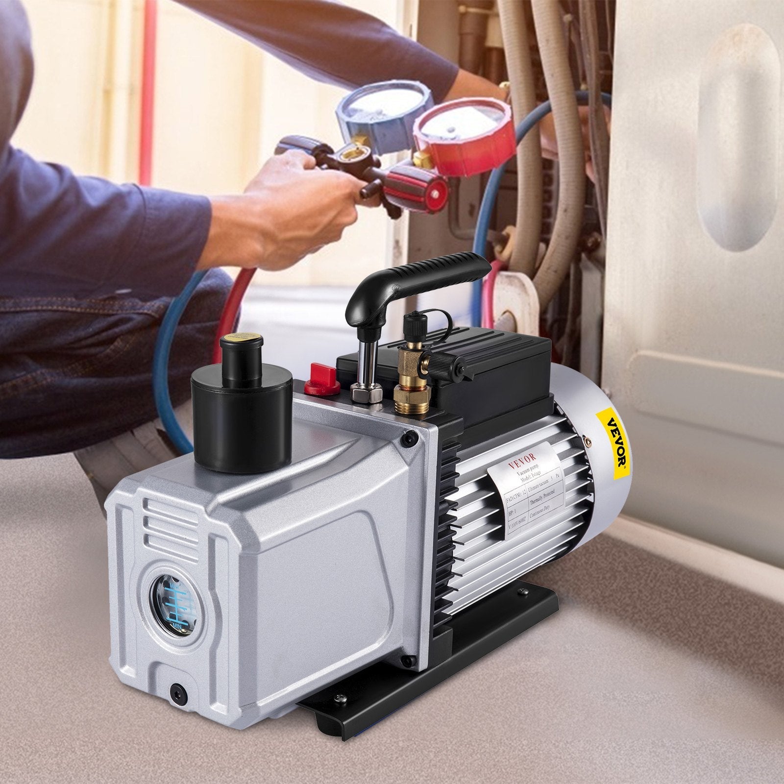 VEVOR Vacuum Pump 12CFM 1 HP Single Stage Air Conditioning Vacuum Pump 110V 5PA Ultimate Vacuum Refrigerant HVAC Air Tool Rotary Vane Vacuum Pump for Automobile Vacuum Evacuation (1-Stage, 12CFM) 