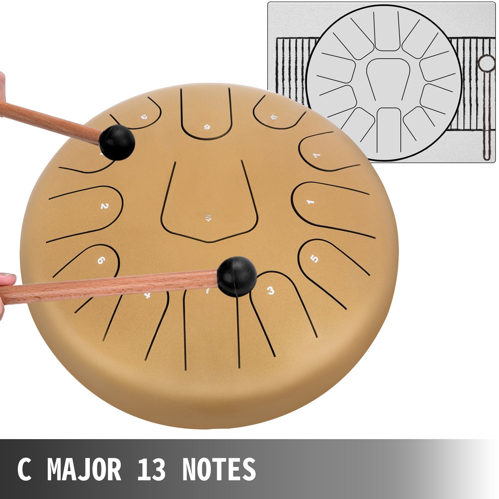 VEVOR Steel Drum 13 Notes Percussion Instrument 12 Inches Tongue Drum, Steel Tongue Drum, Steel Drums Instruments With Bag, Book, Mallets, Mallet Bracket, Hang Pan Drum Instrument, Golden 