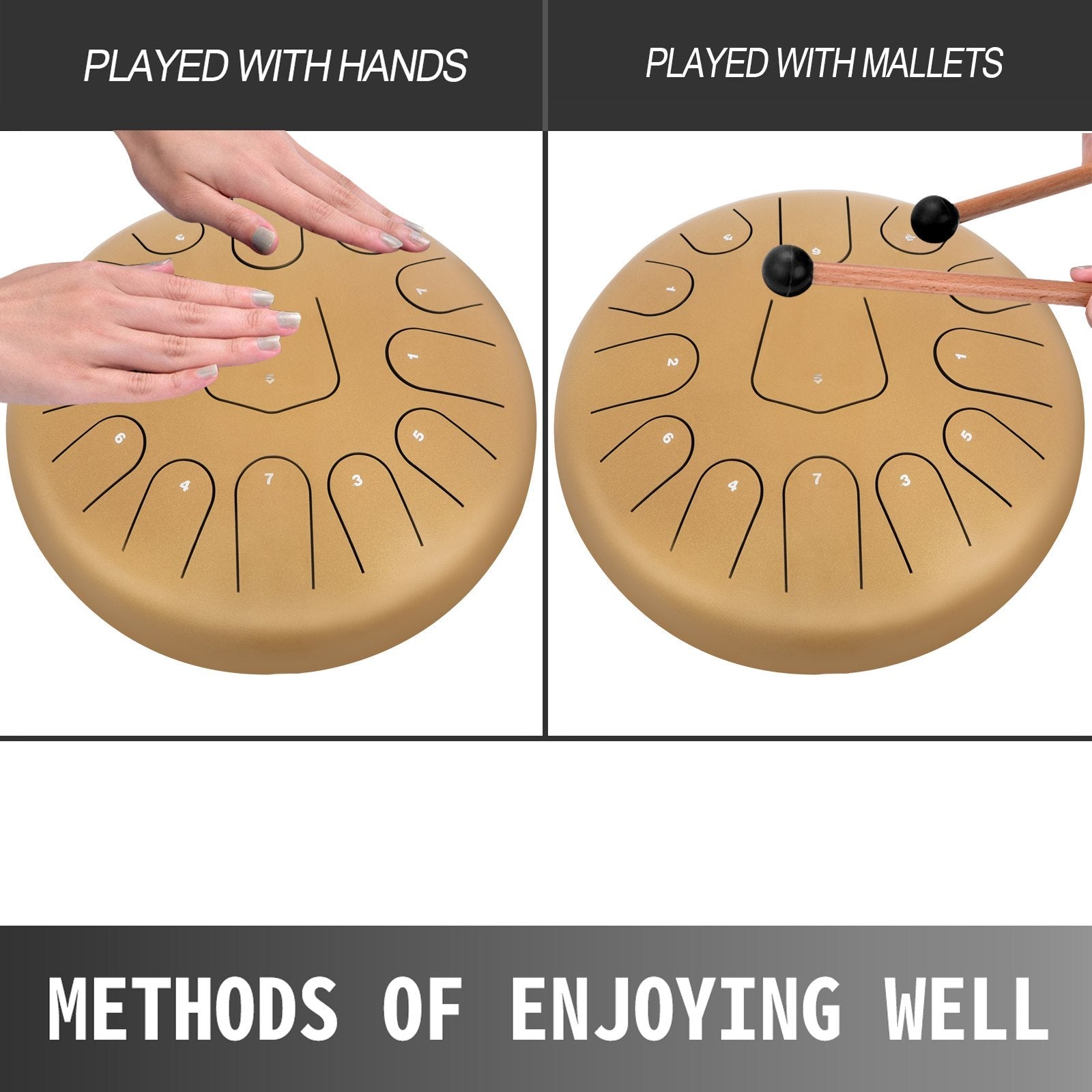 VEVOR Steel Drum 13 Notes Percussion Instrument 12 Inches Tongue Drum, Steel Tongue Drum, Steel Drums Instruments With Bag, Book, Mallets, Mallet Bracket, Hang Pan Drum Instrument, Golden 