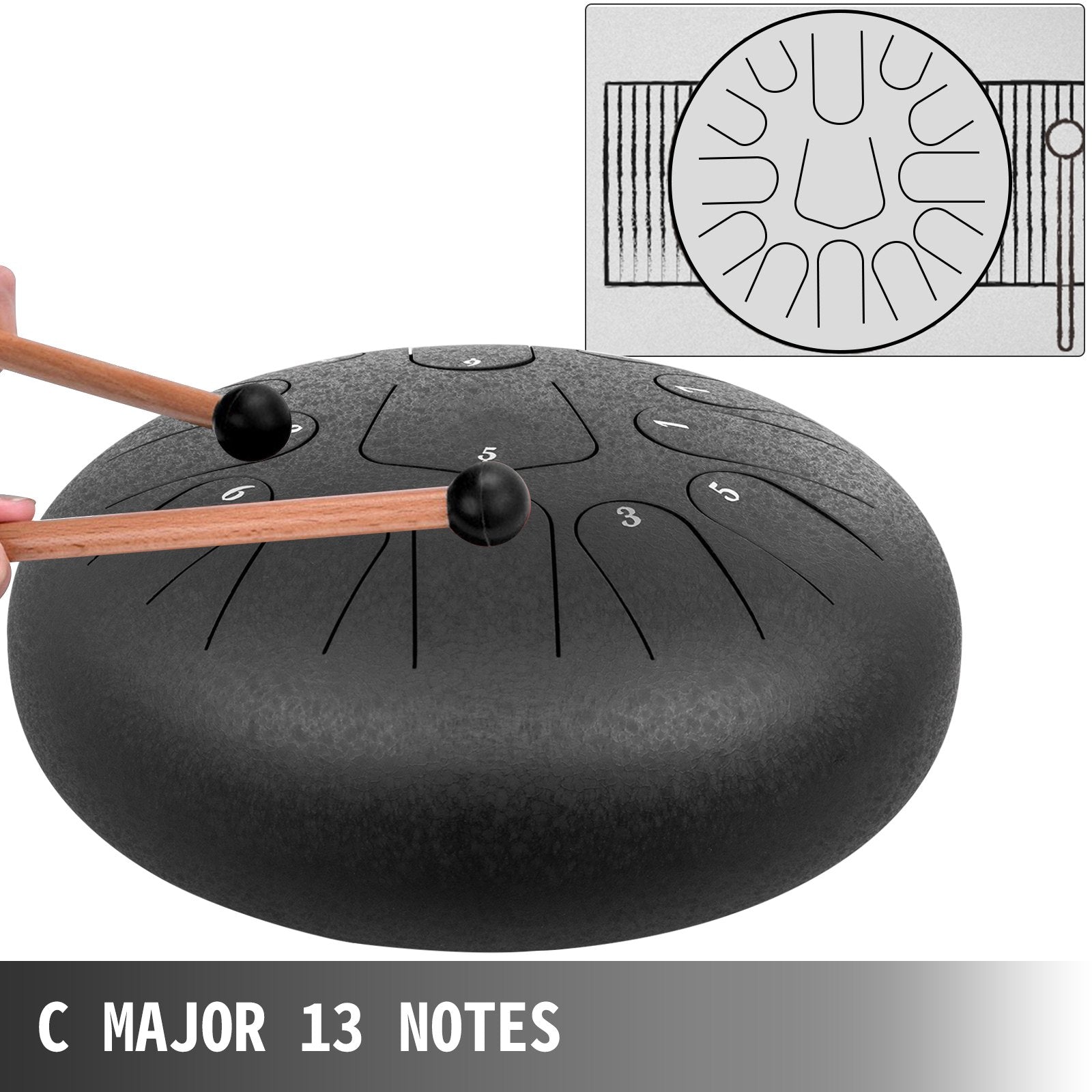 VEVOR Steel Drum, 13 Notes Percussion Instrument, 12 Inches Tongue Drum, Steel Tongue Drum, Steel Drums Instruments With Bag, Book, Mallets, Mallet Bracket, Hang Pan Drum Instrument, Black 
