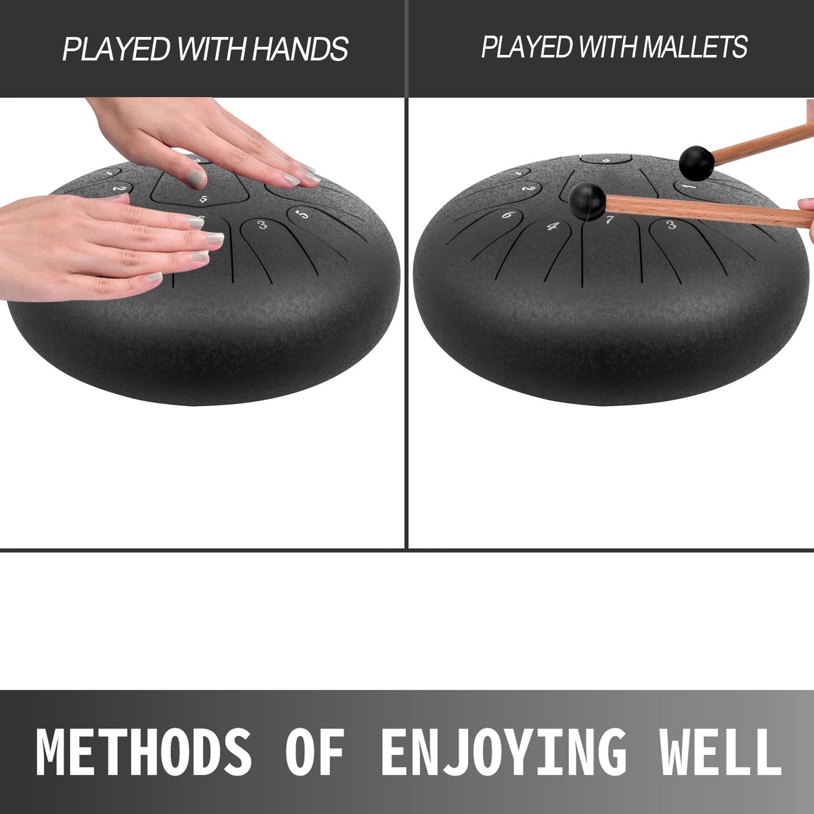VEVOR Steel Drum, 13 Notes Percussion Instrument, 12 Inches Tongue Drum, Steel Tongue Drum, Steel Drums Instruments With Bag, Book, Mallets, Mallet Bracket, Hang Pan Drum Instrument, Black 