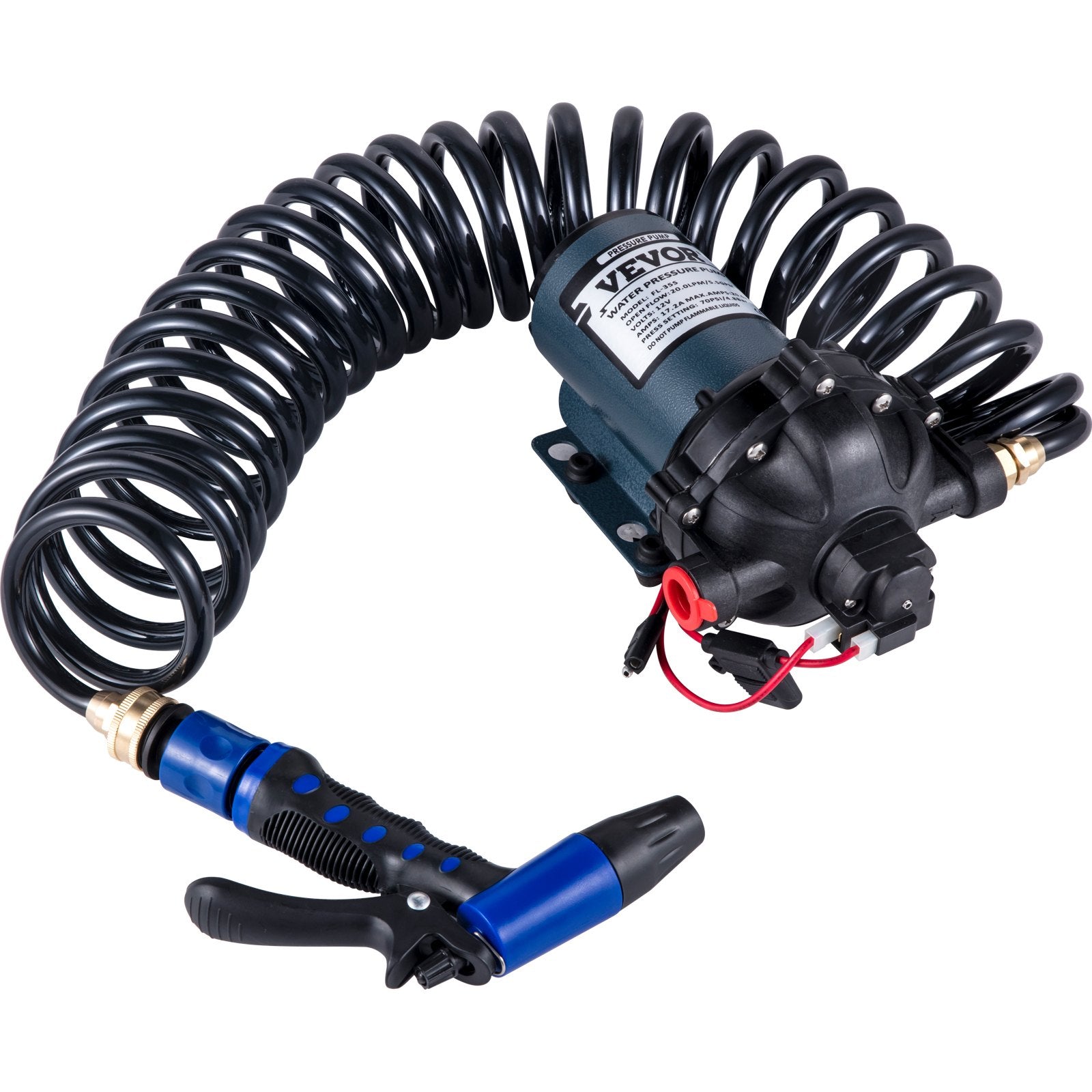 VEVOR RV Water Pump 5.3 GPM 5.5 Gallons Per Minute 12V Water Pump Automatic 70 PSI Diaphragm Pump with 25 Foot Coiled Hose Washdown Pumps for Boats Caravan Rv Marine Yacht 