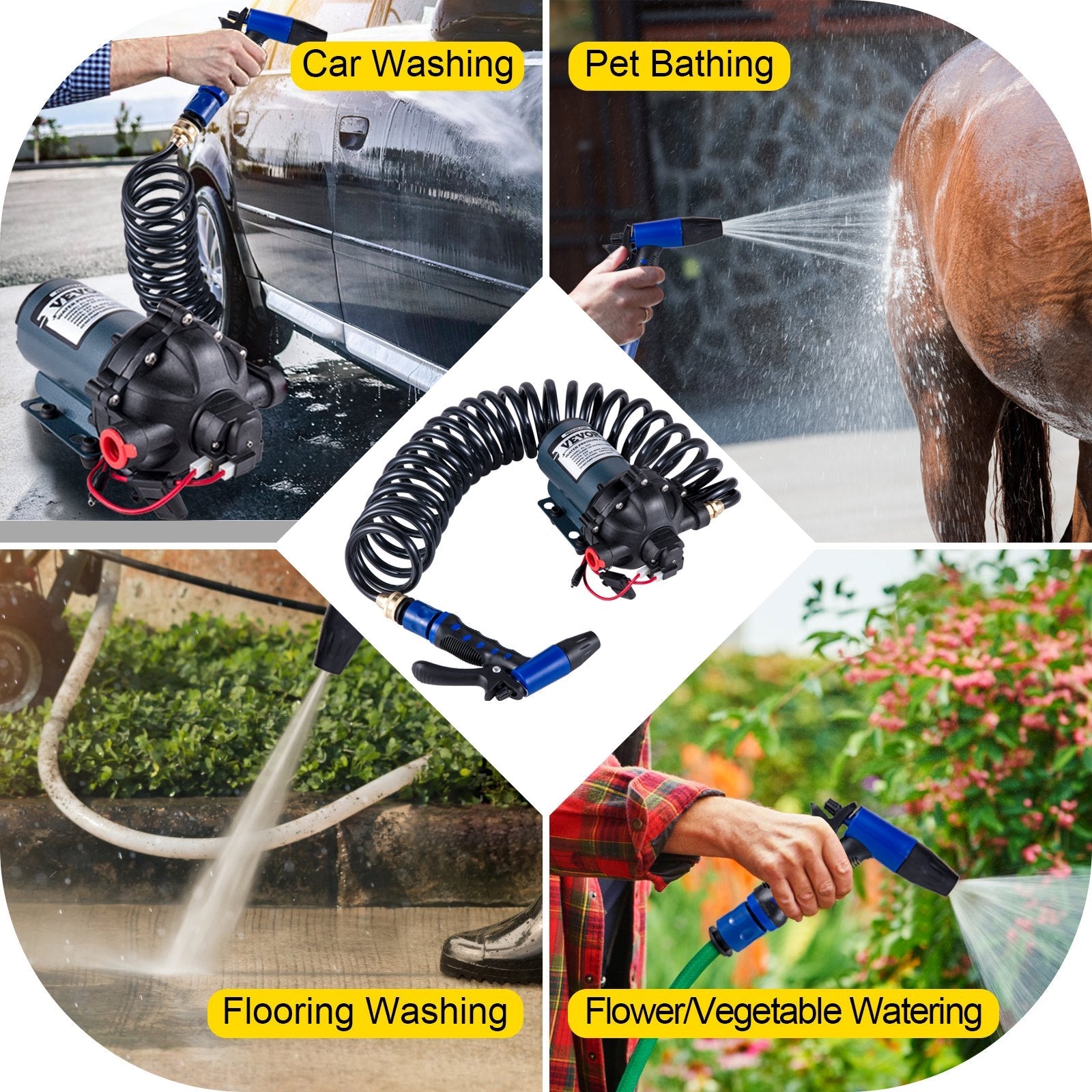 VEVOR RV Water Pump 5.3 GPM 5.5 Gallons Per Minute 12V Water Pump Automatic 70 PSI Diaphragm Pump with 25 Foot Coiled Hose Washdown Pumps for Boats Caravan Rv Marine Yacht 