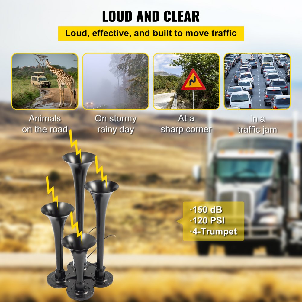 VEVOR 150DB Train Horns Kit for Trucks Super Loud with 120 PSI 12V Air Compressor 4 Trumpet Air Horn Compressor Tank For Any Vehicle Trucks Car Jeep Or SUV (Black) 