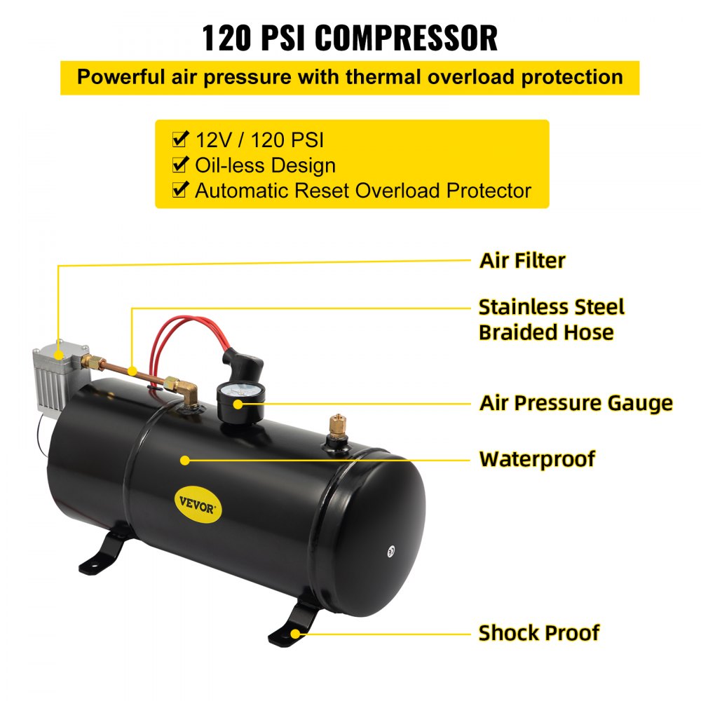 VEVOR 150DB Train Horns Kit for Trucks Super Loud with 120 PSI 12V Air Compressor 4 Trumpet Air Horn Compressor Tank For Any Vehicle Trucks Car Jeep Or SUV (Black) 