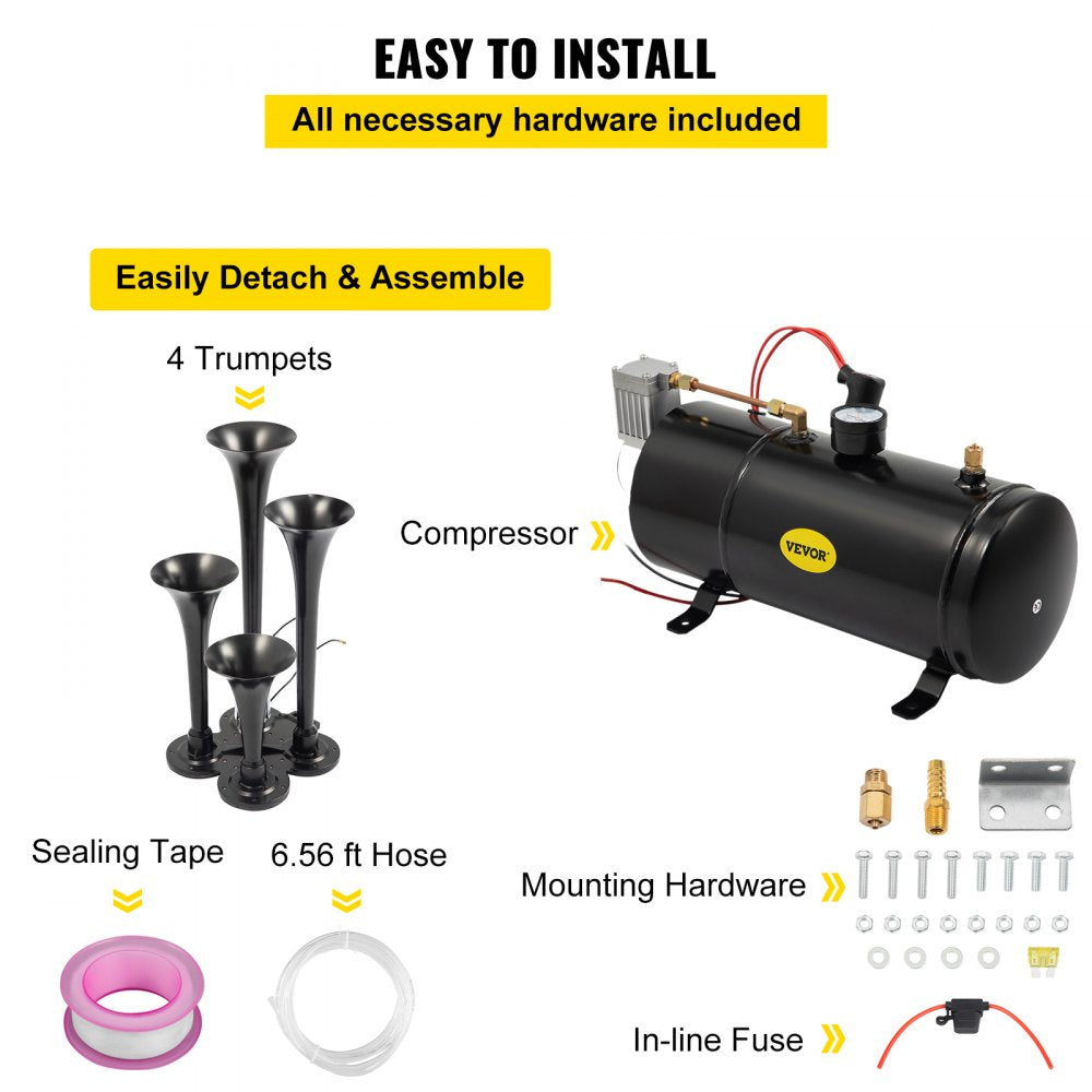 VEVOR 150DB Train Horns Kit for Trucks Super Loud with 120 PSI 12V Air Compressor 4 Trumpet Air Horn Compressor Tank For Any Vehicle Trucks Car Jeep Or SUV (Black) 