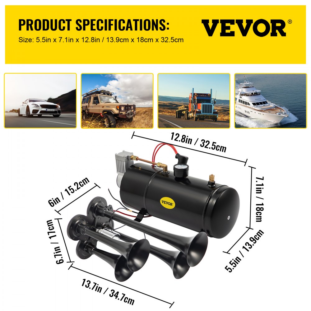 VEVOR 150DB Train Horns Kit for Trucks Super Loud with 120 PSI 12V Air Compressor 4 Trumpet Air Horn Compressor Tank For Any Vehicle Trucks Car Jeep Or SUV (Black) 