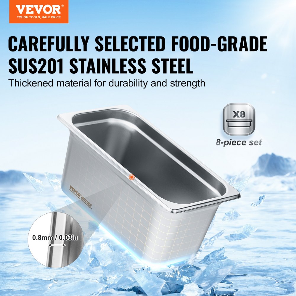 VEVOR 8 Pack Hotel Pans, 1/3 Size Anti-Jam Steam Pan with Lid, 0.8mm Thick Stainless Steel Steam Table Pan, 6-Inch Deep Commercial Table Pan, Catering Storage Food Pan, for Industrial & Scientific 
