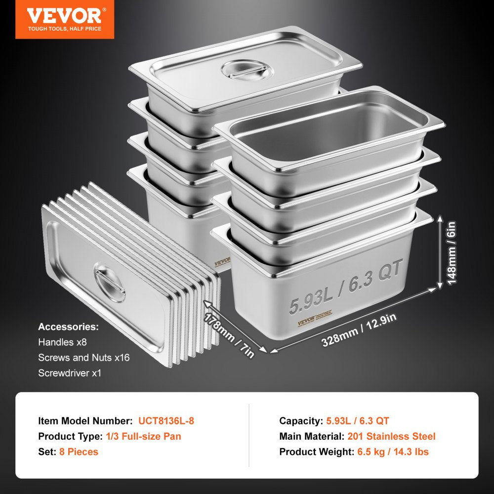 VEVOR 8 Pack Hotel Pans, 1/3 Size Anti-Jam Steam Pan with Lid, 0.8mm Thick Stainless Steel Steam Table Pan, 6-Inch Deep Commercial Table Pan, Catering Storage Food Pan, for Industrial & Scientific 