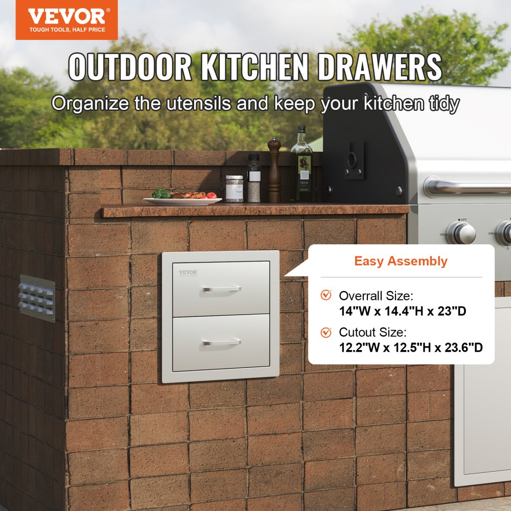 VEVOR Outdoor Kitchen Drawers 14W x 14.3H x 23D Inch, Flush Mount Double BBQ Drawers Stainless Steel with Handle, BBQ Island Drawers for Outdoor Kitchens or Grill Station 