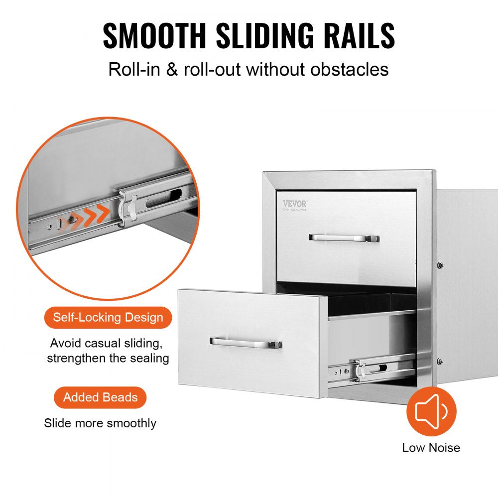 VEVOR Outdoor Kitchen Drawers 14W x 14.3H x 23D Inch, Flush Mount Double BBQ Drawers Stainless Steel with Handle, BBQ Island Drawers for Outdoor Kitchens or Grill Station 