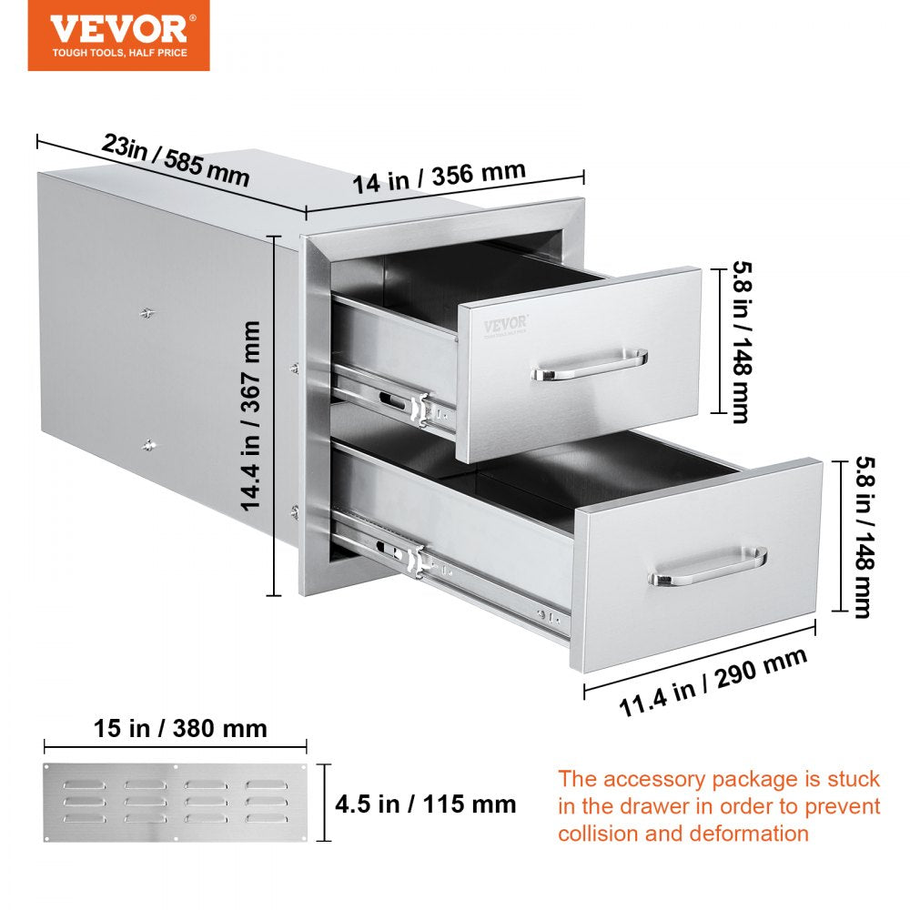 VEVOR Outdoor Kitchen Drawers 14W x 14.3H x 23D Inch, Flush Mount Double BBQ Drawers Stainless Steel with Handle, BBQ Island Drawers for Outdoor Kitchens or Grill Station 